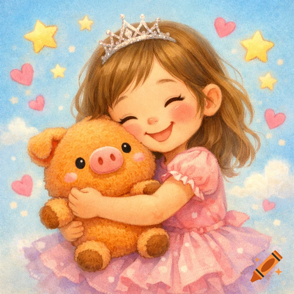 A smiling cartoon girl in a pink dress and crown hugs a cuddly orange pig plush toy, with hearts and stars in the pastel sky.