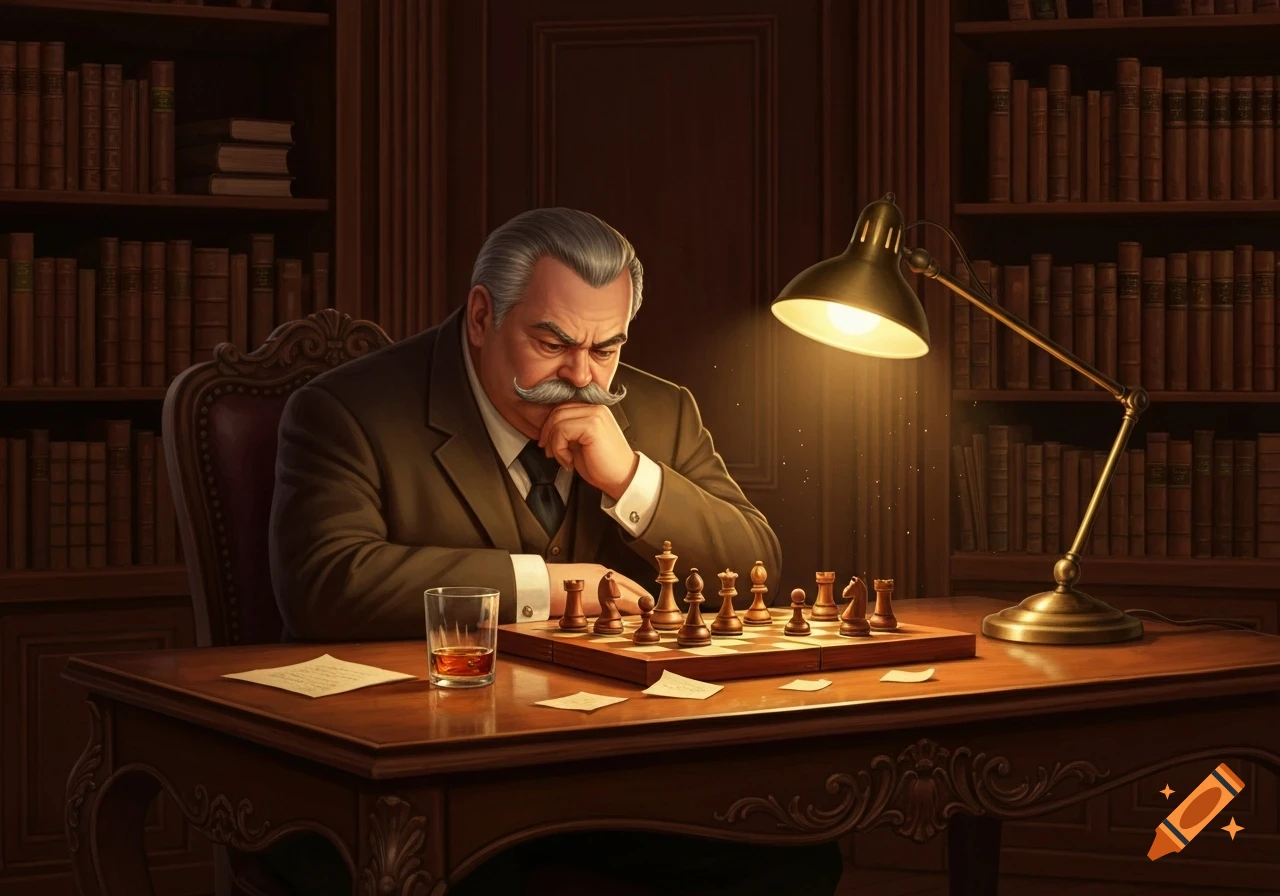An older man with a large mustache sits at a desk, deeply engrossed in a game of chess under the warm glow of a desk lamp in a library.