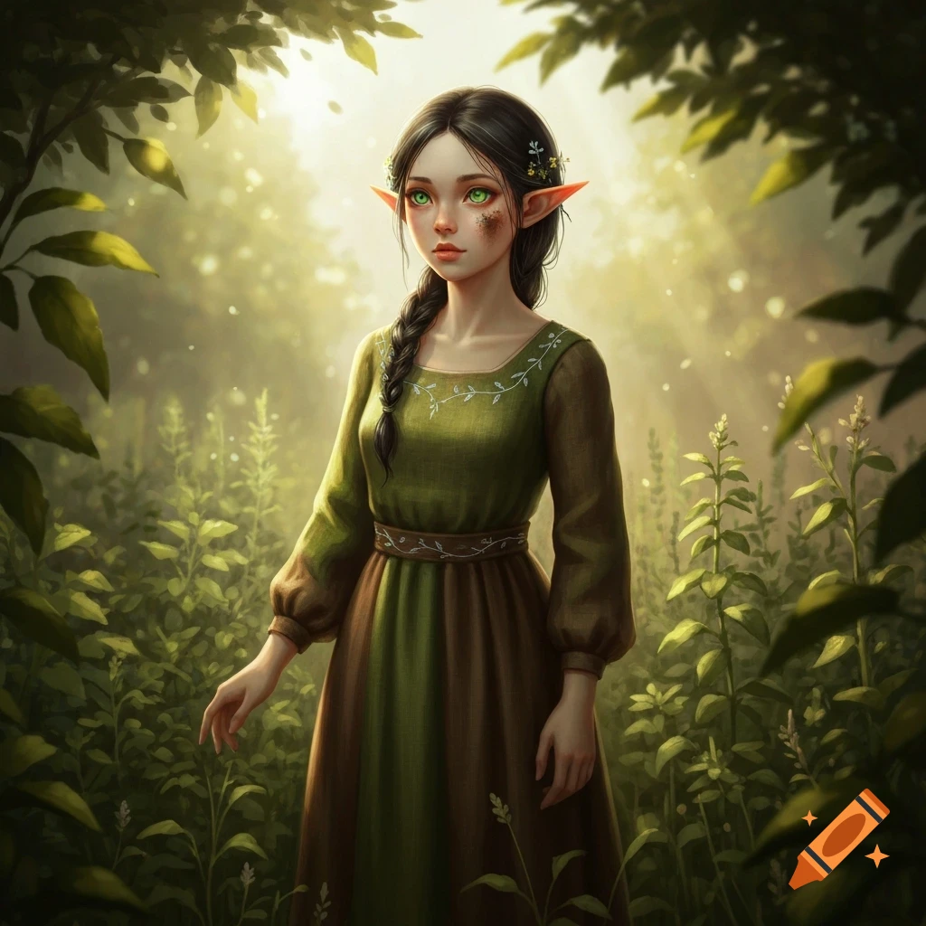 A young elven maid with emerald eyes and a braid, wearing a moss green dress, stands in a sunlit, overgrown forest. Painterly fantasy art.