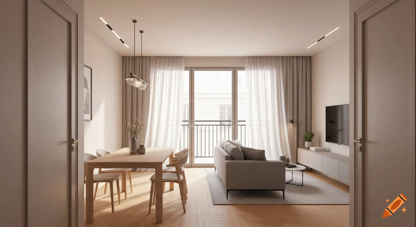 A modern open-plan living and dining room with a light wood dining table and chairs, a grey sofa, and large balcony windows.