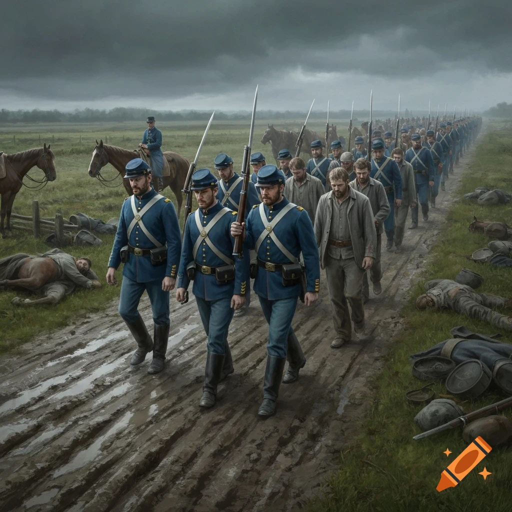 Civil War Union soldiers march Confederate prisoners on a muddy path, past dead soldiers and horses under a cloudy sky.