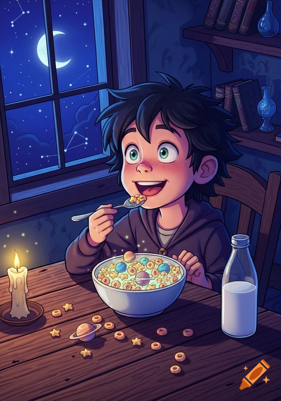 A cartoon wizard child happily eats space-themed cereal by candlelight, looking at a starry night sky with a crescent moon.