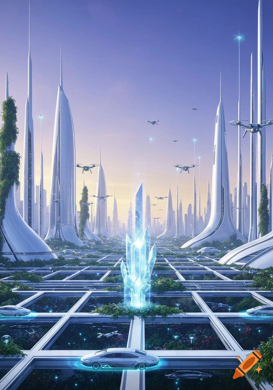 A vibrant futuristic city at dawn with sleek white skyscrapers, flying drones, and glowing blue crystals on green, gridded pathways with futuristic cars.