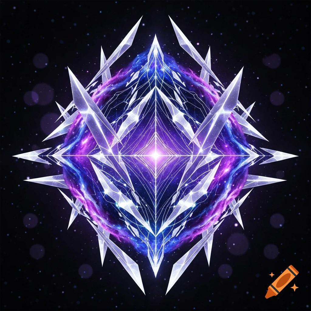 A glowing blue and purple cosmic sphere surrounded by sharp white crystal-like geometric spikes against a dark, star-filled background.