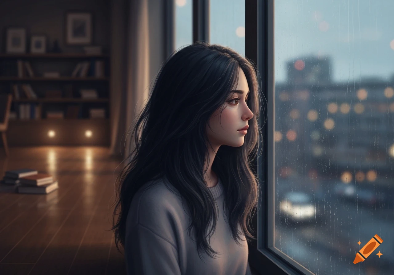 A long-haired woman in a gray sweater looks pensively out a rain-streaked window at a blurry city skyline, in an illustrative style.