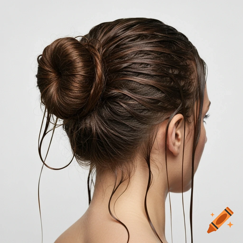 Close-up of the back of a person's head with wet, brown hair styled in a loose bun, with drenched strands falling out.