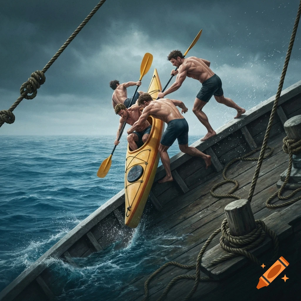 Four shirtless men pull a yellow kayak from rough ocean waters onto a large wooden boat under a stormy sky, photorealistic style.