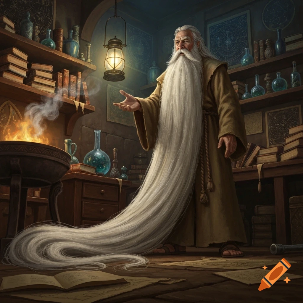 Long-bearded wizard in a brown robe in a magical study with books, potions, glowing lantern, and a cauldron of fire. His white beard trails on the floor.