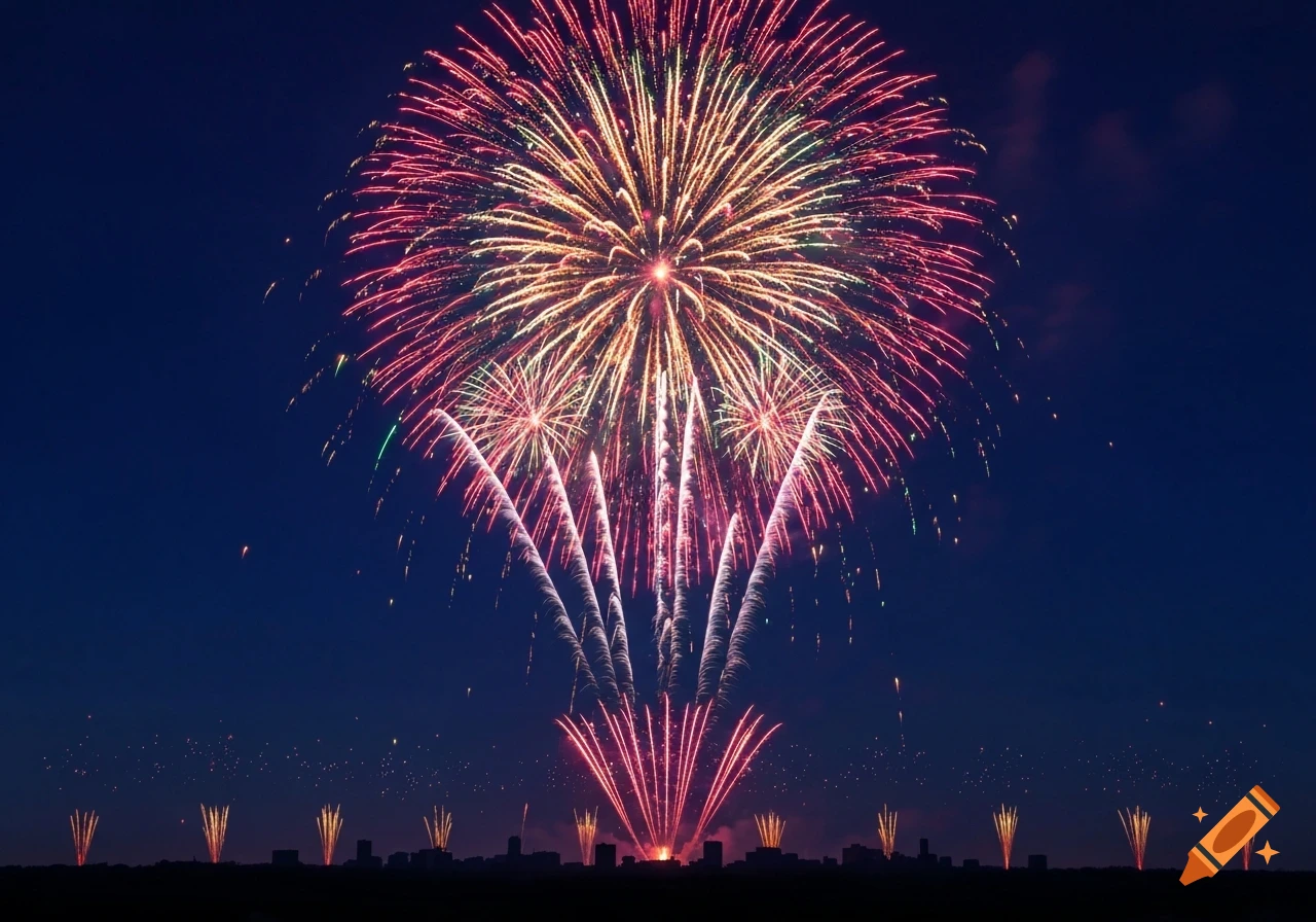 Colorful fireworks burst over a city skyline against a dark blue night sky.