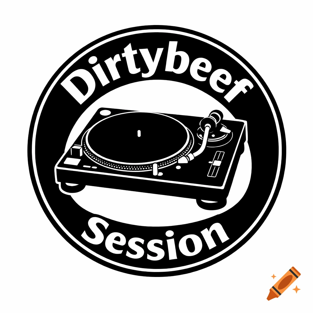 A black and white circular logo featuring a detailed turntable with the text "Dirtybeef" and "Session".