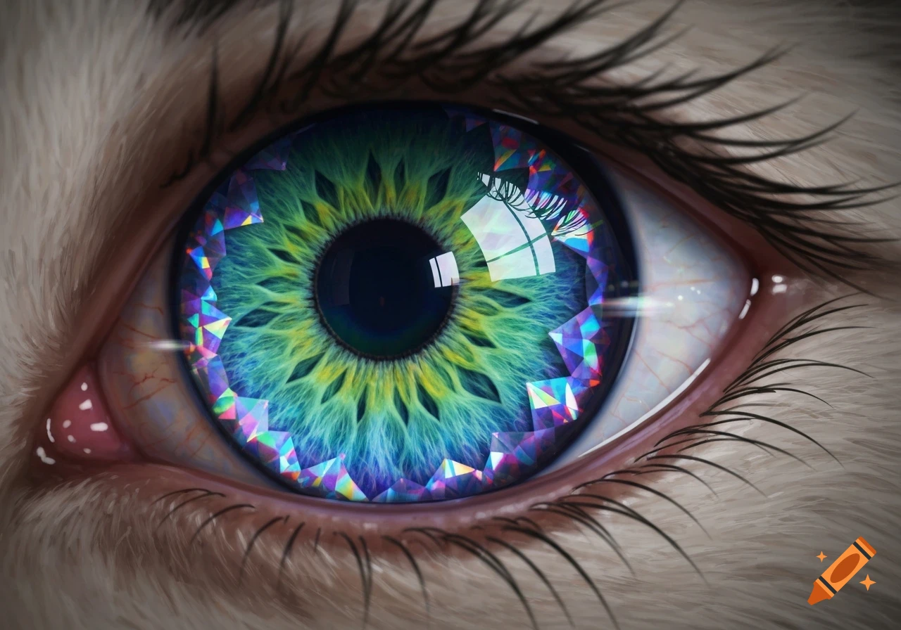 Close-up of a cat's eye with a dazzling prismatic and iridescent iris, featuring vibrant blues, greens, and purples.