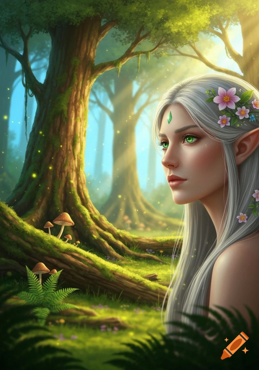 Portrait of an ethereal elf with long white hair and green eyes, adorned with flowers, looking left in a sunlit fantasy forest.