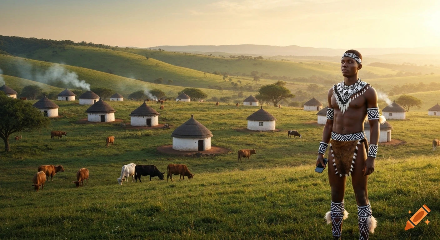 A young Black Zulu man in traditional attire stands in a rural South African village with round huts and grazing cattle at sunrise.
