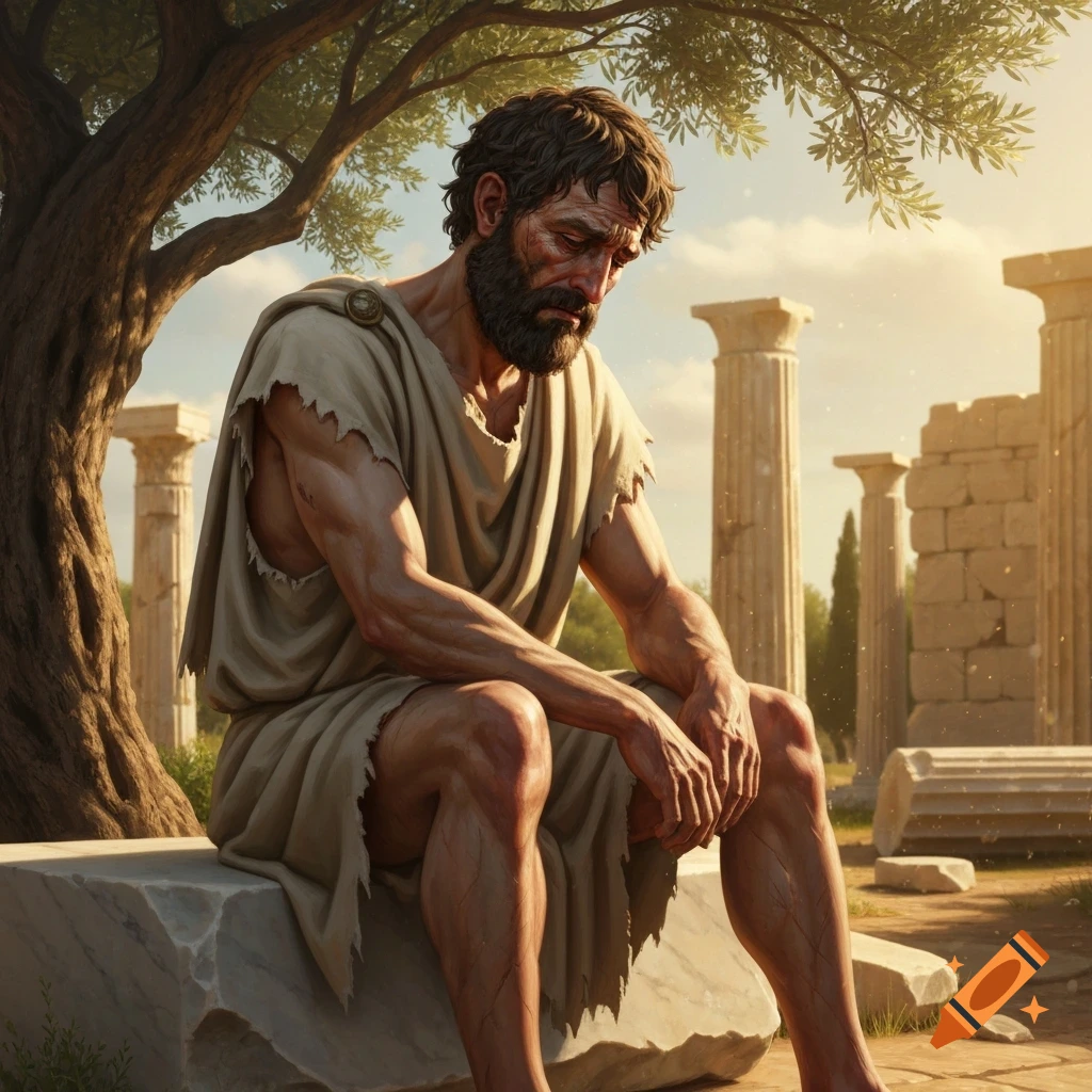 A sad, ragged ancient Greek man with a beard sits thoughtfully on a stone block under an olive tree, amidst ruins.