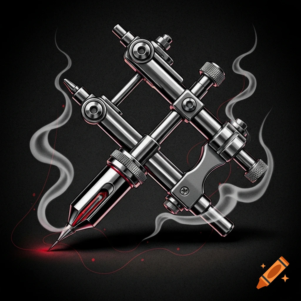 A stylized metallic tattoo gun with glowing red accents, surrounded by wisps of white smoke on a dark textured background.