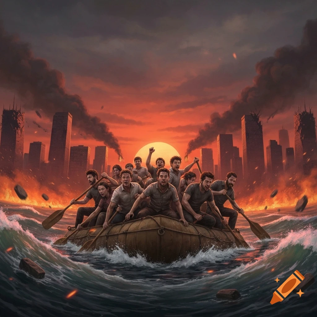 A large group of people row a small raft through turbulent waters, escaping a burning city under a fiery red apocalyptic sky.
