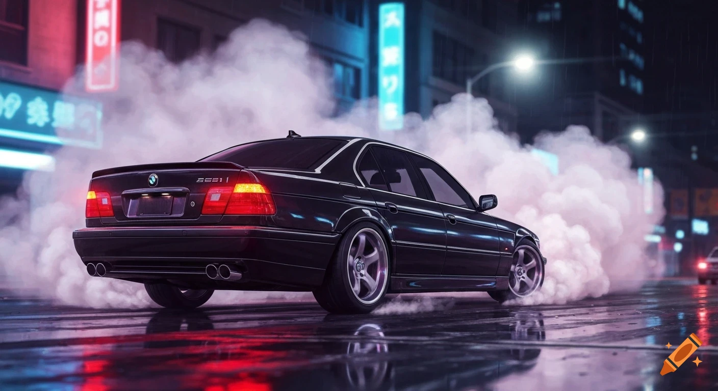 A black BMW sedan performs a burnout, spewing white smoke on a wet city street at night, illuminated by neon lights.