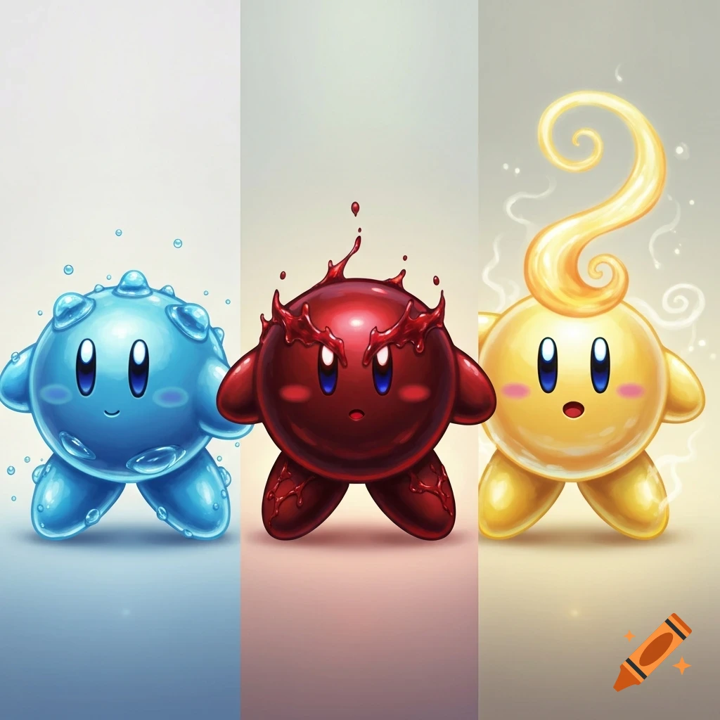 Three stylized Kirby-like characters: blue water, red blood, and yellow spirit, against a light background.