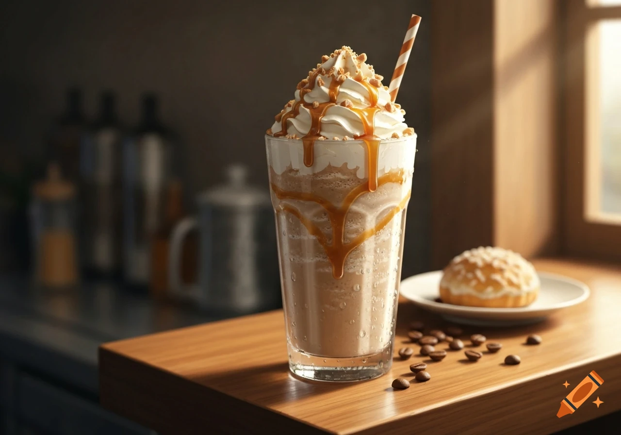 A tall glass of frappe topped with whipped cream, caramel drizzle, and chopped nuts, with coffee beans and a muffin on a wooden counter.