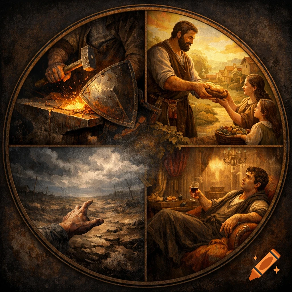 Four circular panels: a blacksmith, a man sharing bread, a hand in a barren land, and a man relaxing with wine, depicting a cycle of times.