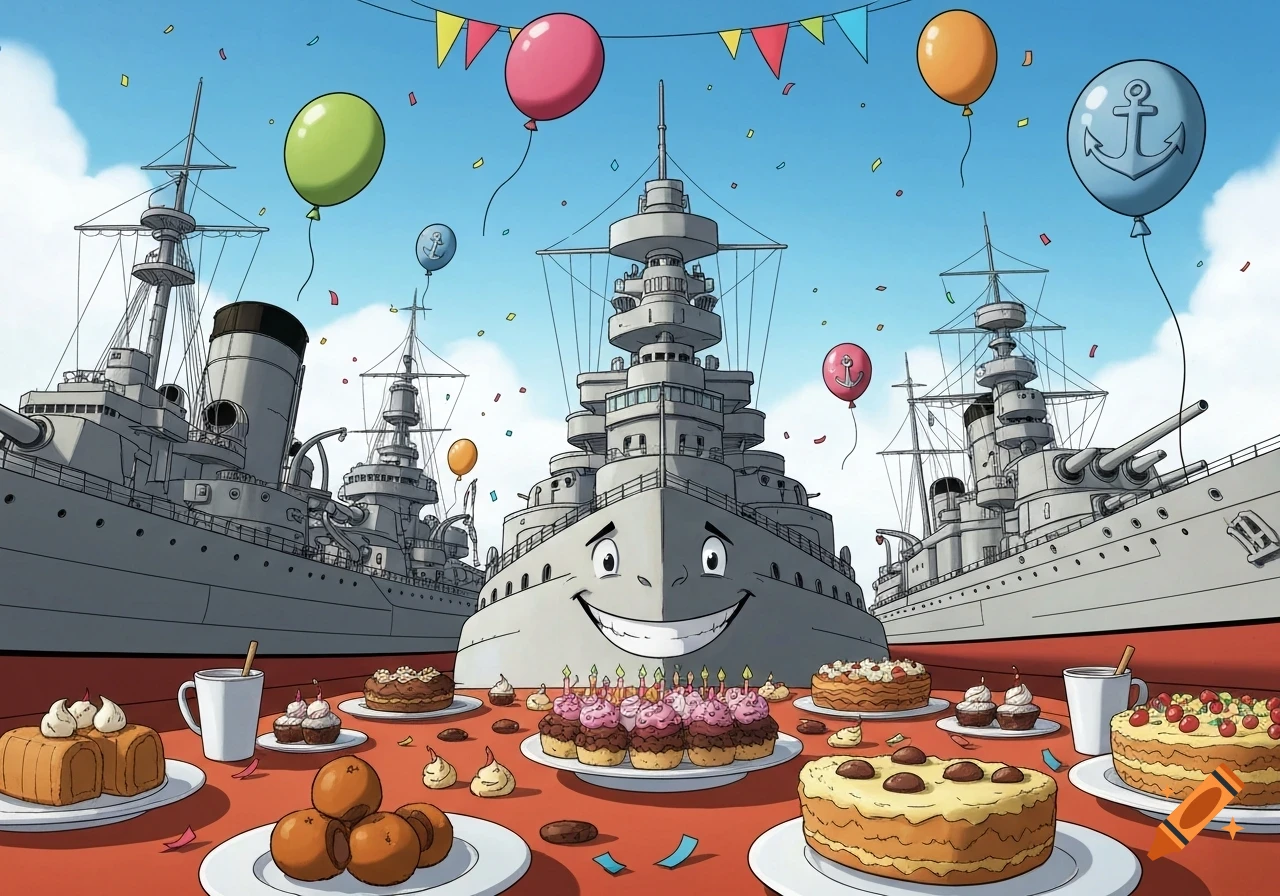 Comic illustration of anthropomorphic battleships celebrating a birthday with cakes, balloons, and confetti on a table.