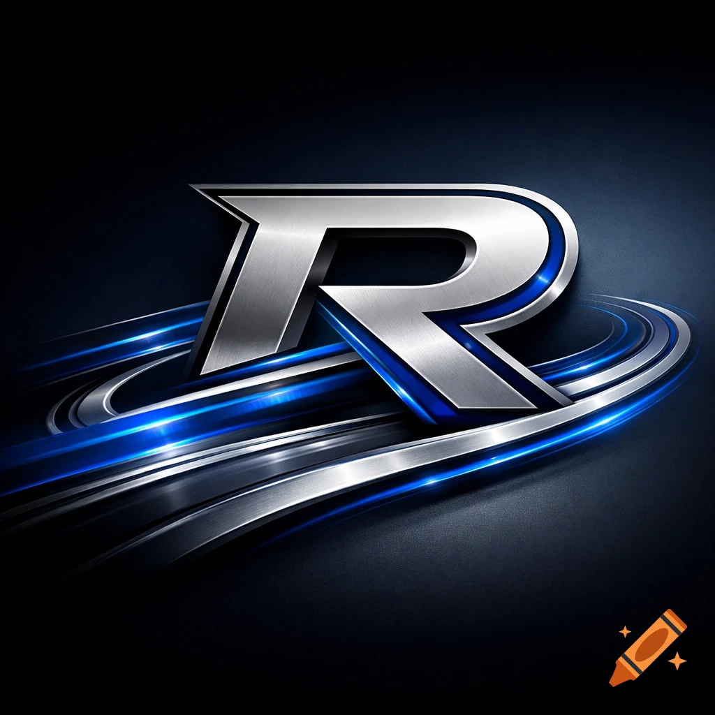 A sleek, metallic silver letter R with deep cobalt blue accents, set against a dark background with glowing blue and silver flowing lines.
