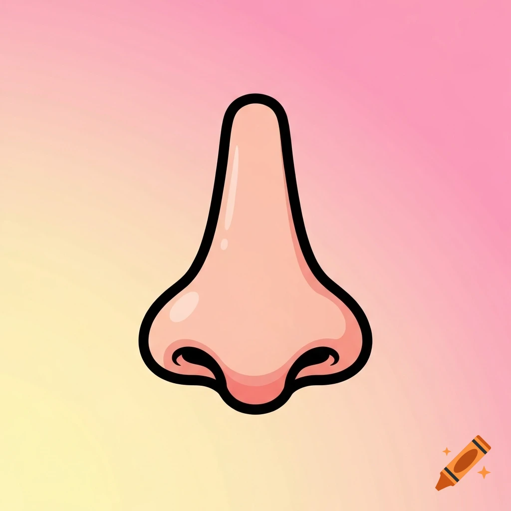A cartoon human nose with a black outline on a pink and yellow gradient background.