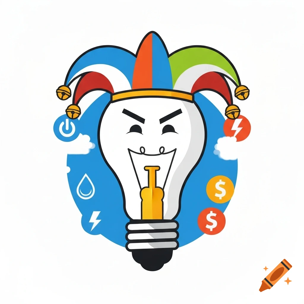A cartoon lightbulb character wearing a colorful jester hat, surrounded by utility icons.