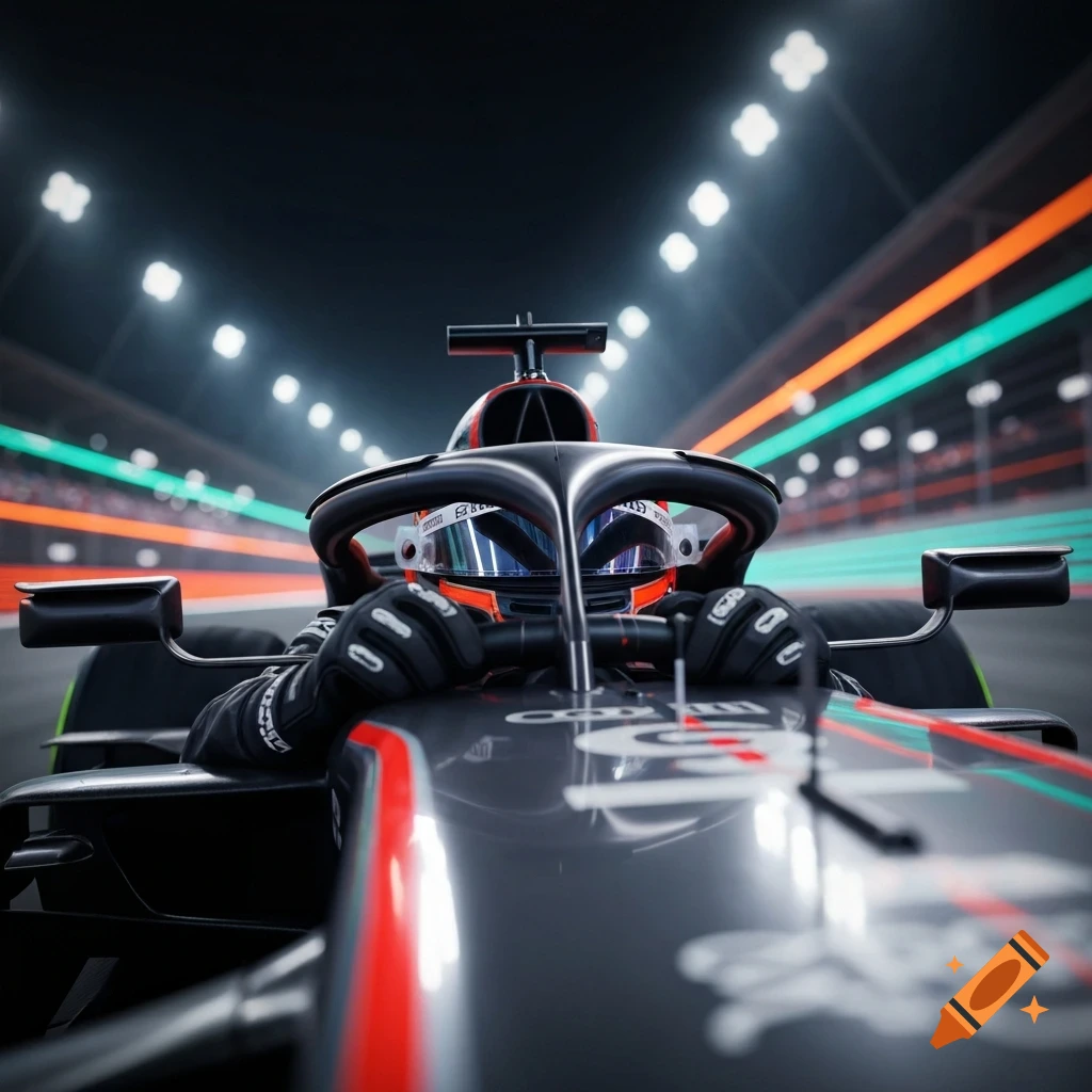 A photorealistic close-up of a racing driver in an F1 car on a brightly lit track at night, seen from the cockpit.