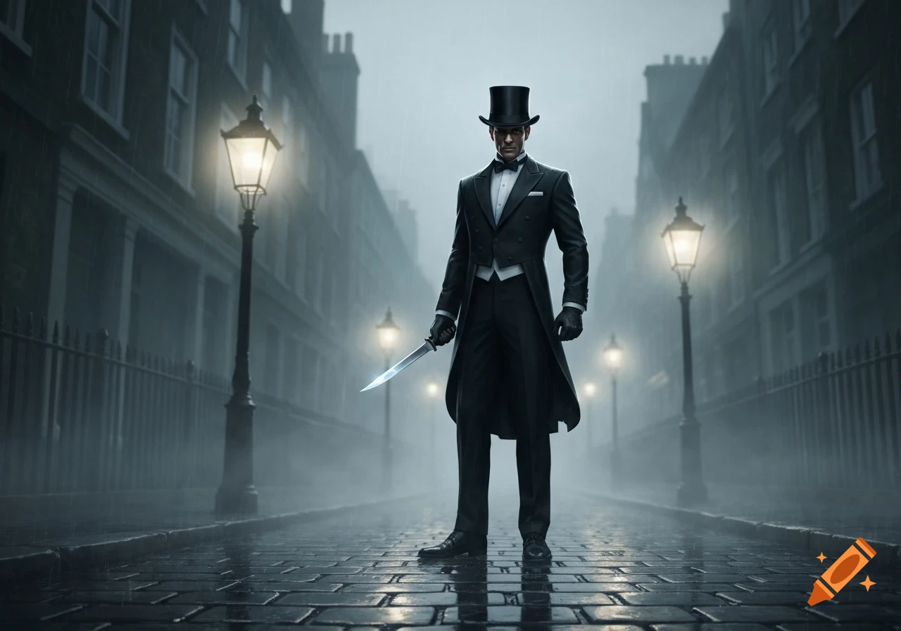 A man in a black tux and top hat holds a knife on a foggy, wet London street with glowing lamps.