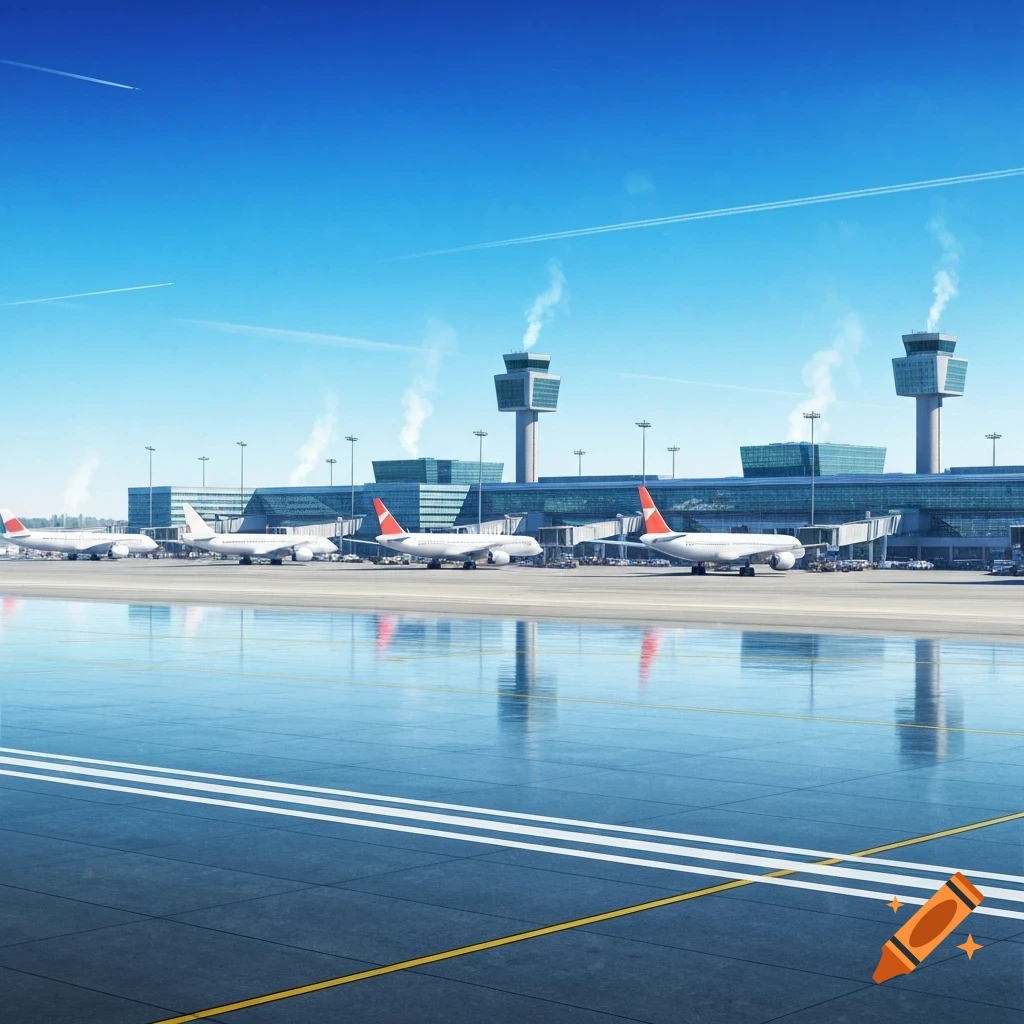 Photorealistic image of a busy airport terminal under a clear blue sky, with multiple white airplanes parked on the tarmac, showing reflections on the wet ground.