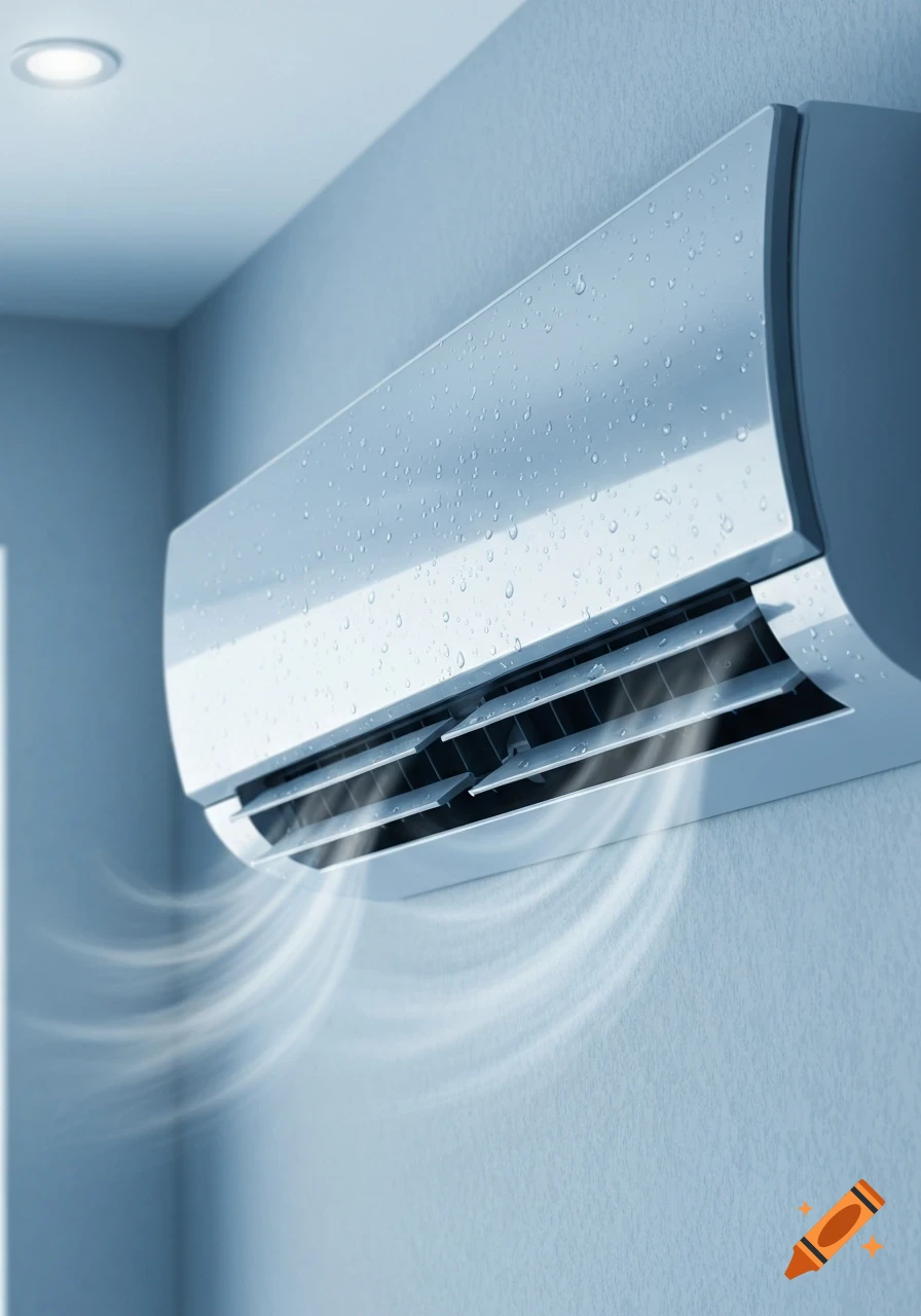 A white air conditioner with water droplets on its surface blows cool air in a modern room with a ceiling light.