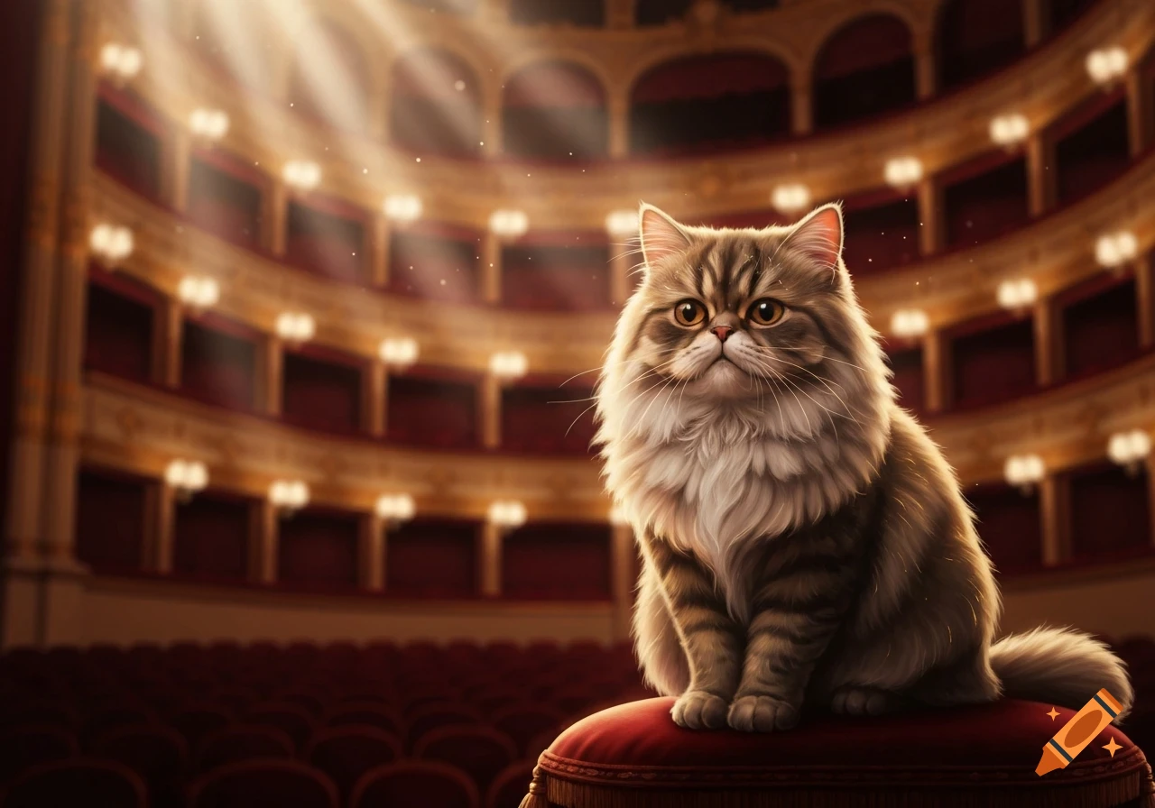 A fluffy Persian cat sits on a red velvet stool in a grand, empty opera house illuminated by spotlights.