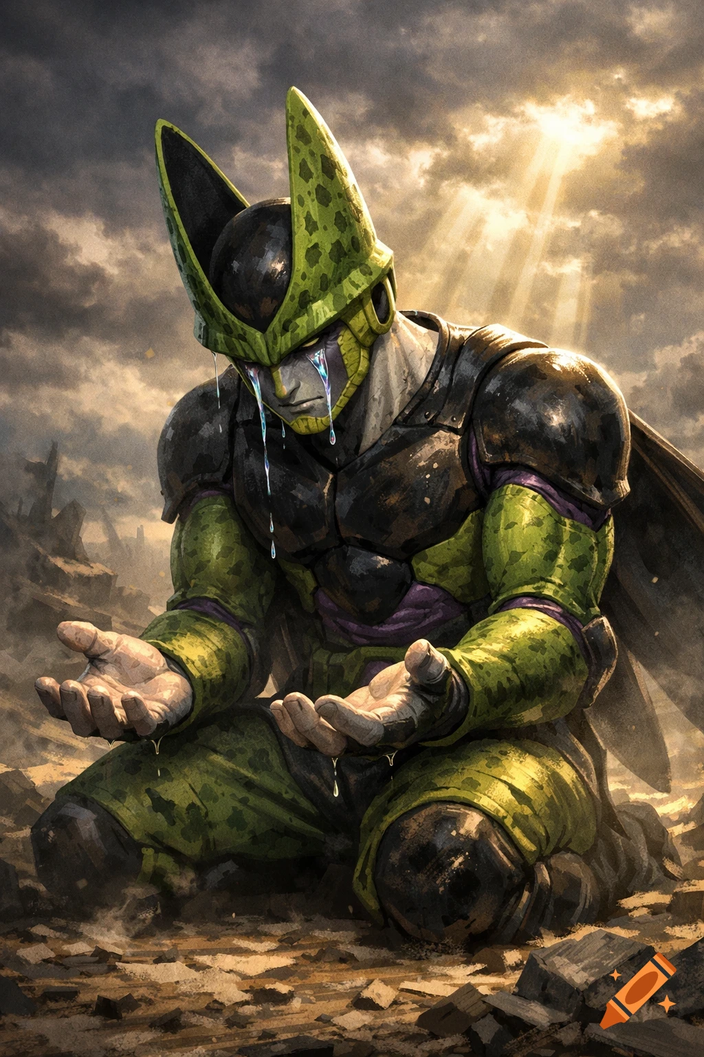 Cell, a green, spotted anime character, kneels and cries in a desolate landscape under a dramatic, sunlit sky.