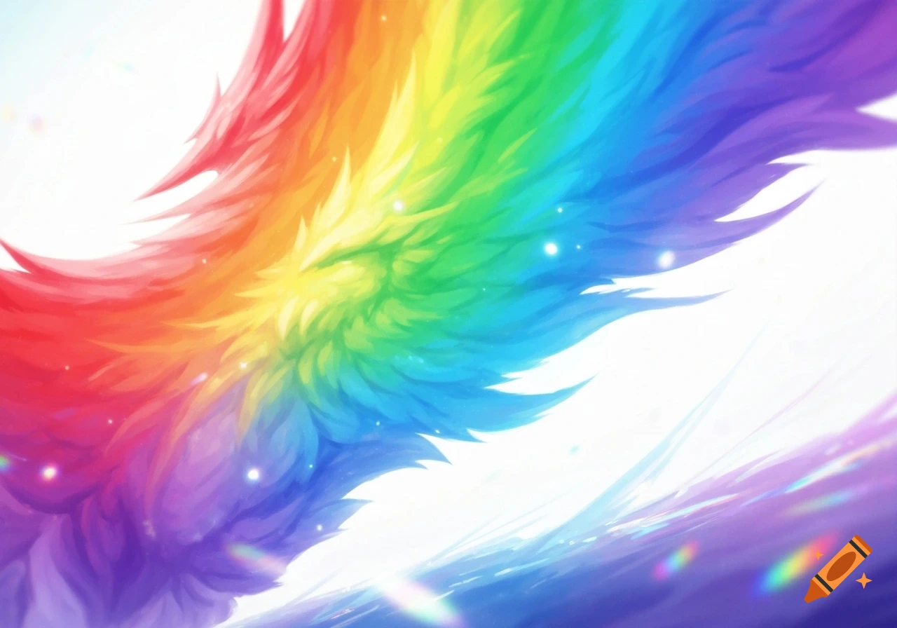 A vibrant, flowing abstract wing-like shape in rainbow colors against a bright white background, with sparkling light effects.