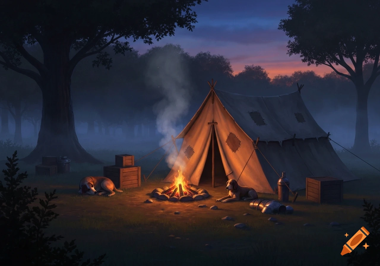An illustrated medieval campsite at dusk with a tent, a glowing campfire, and two dogs resting on the grass surrounded by trees.