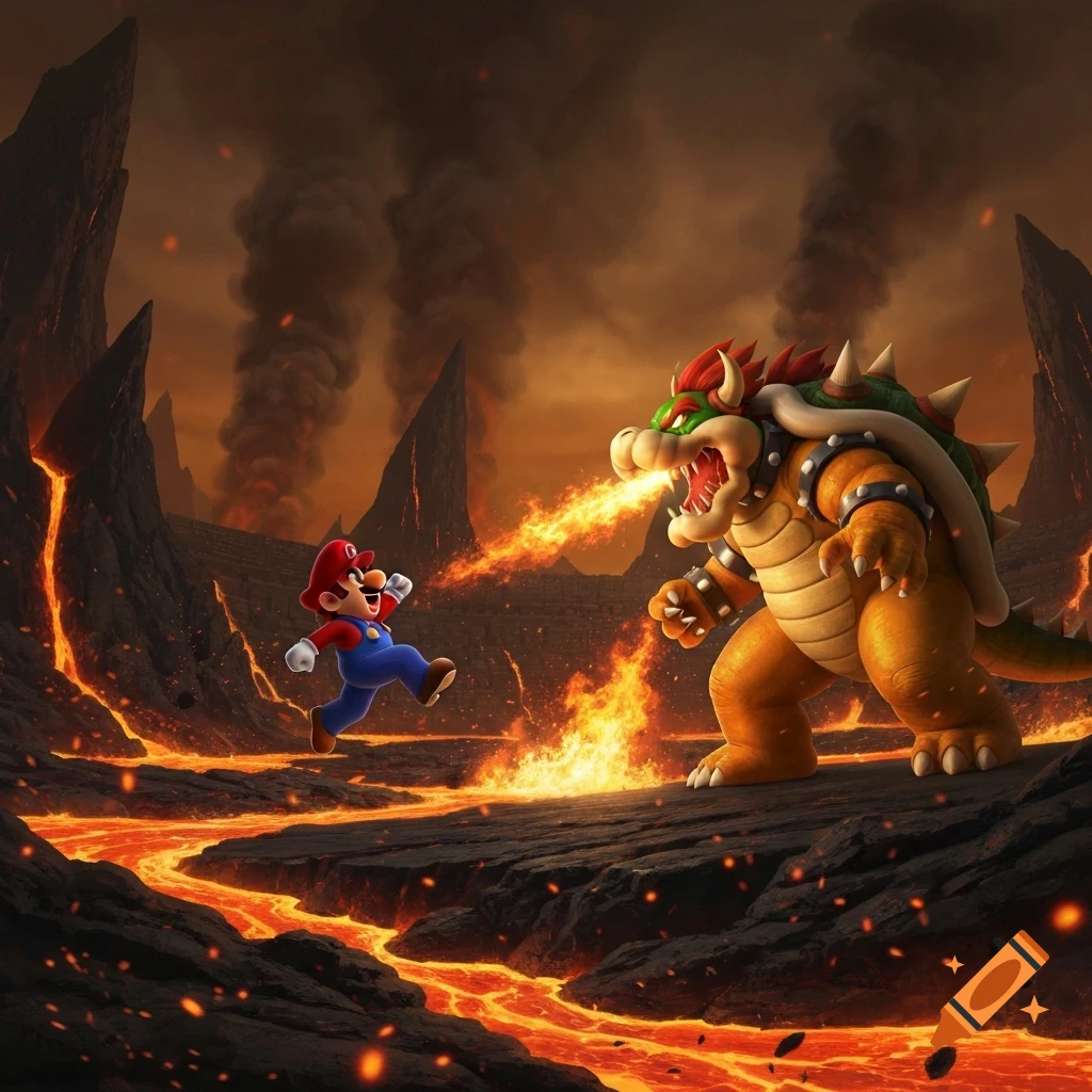 Mario runs from Bowser's fire breath in a dramatic volcanic landscape with flowing lava and dark smoke.
