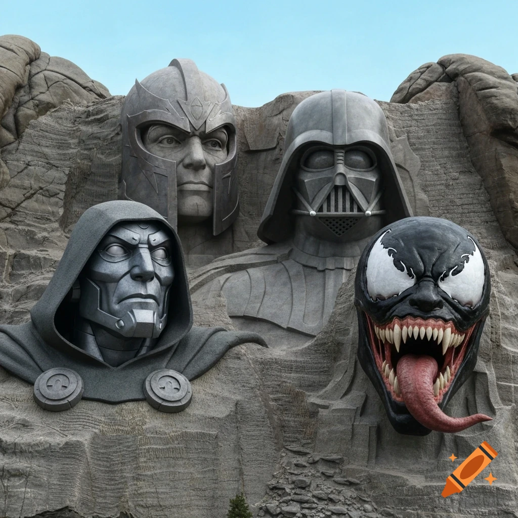 Mount Rushmore-style monument featuring carved stone faces of Doctor Doom, Magneto, Darth Vader, and Venom.