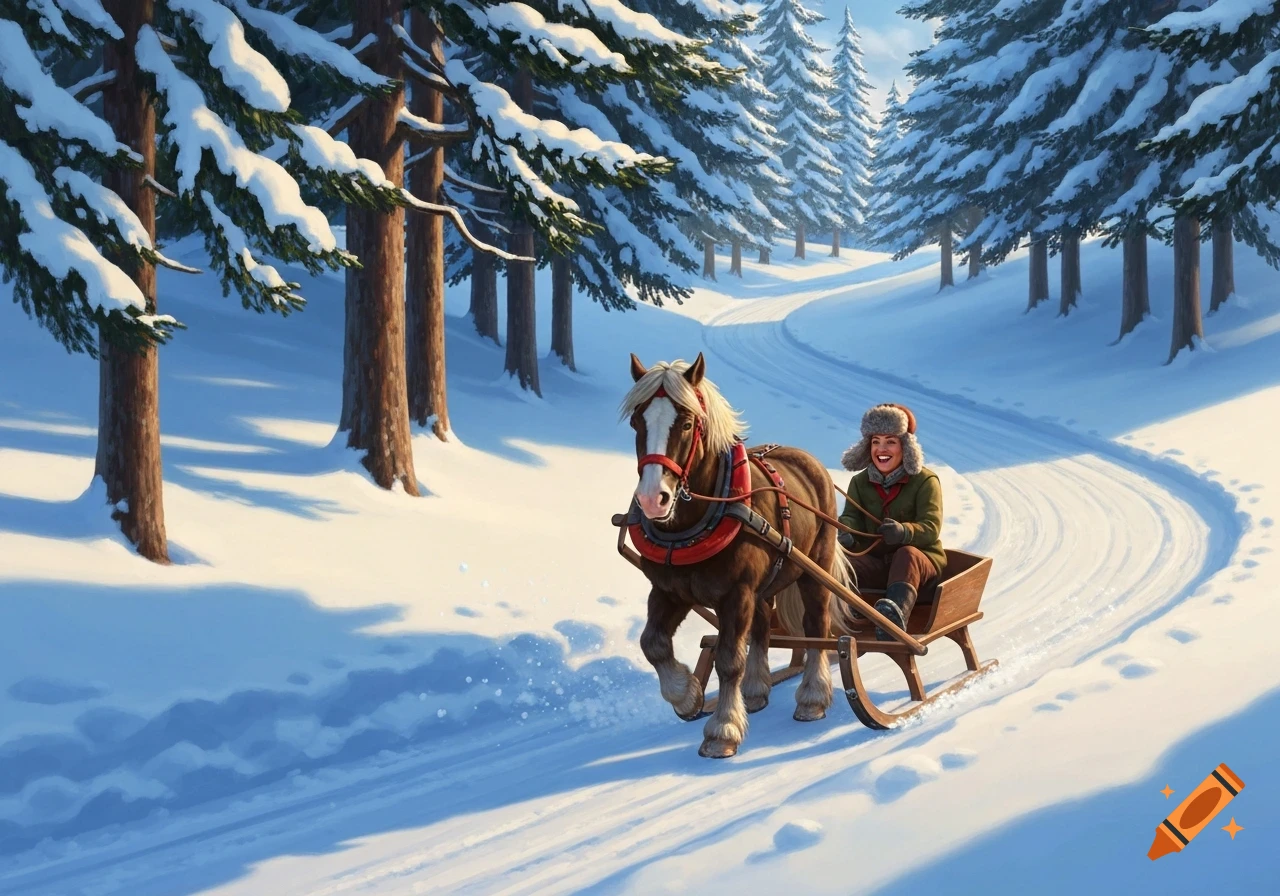 A person in a sleigh pulled by a horse on a snowy path lined with pine trees, illustrated.