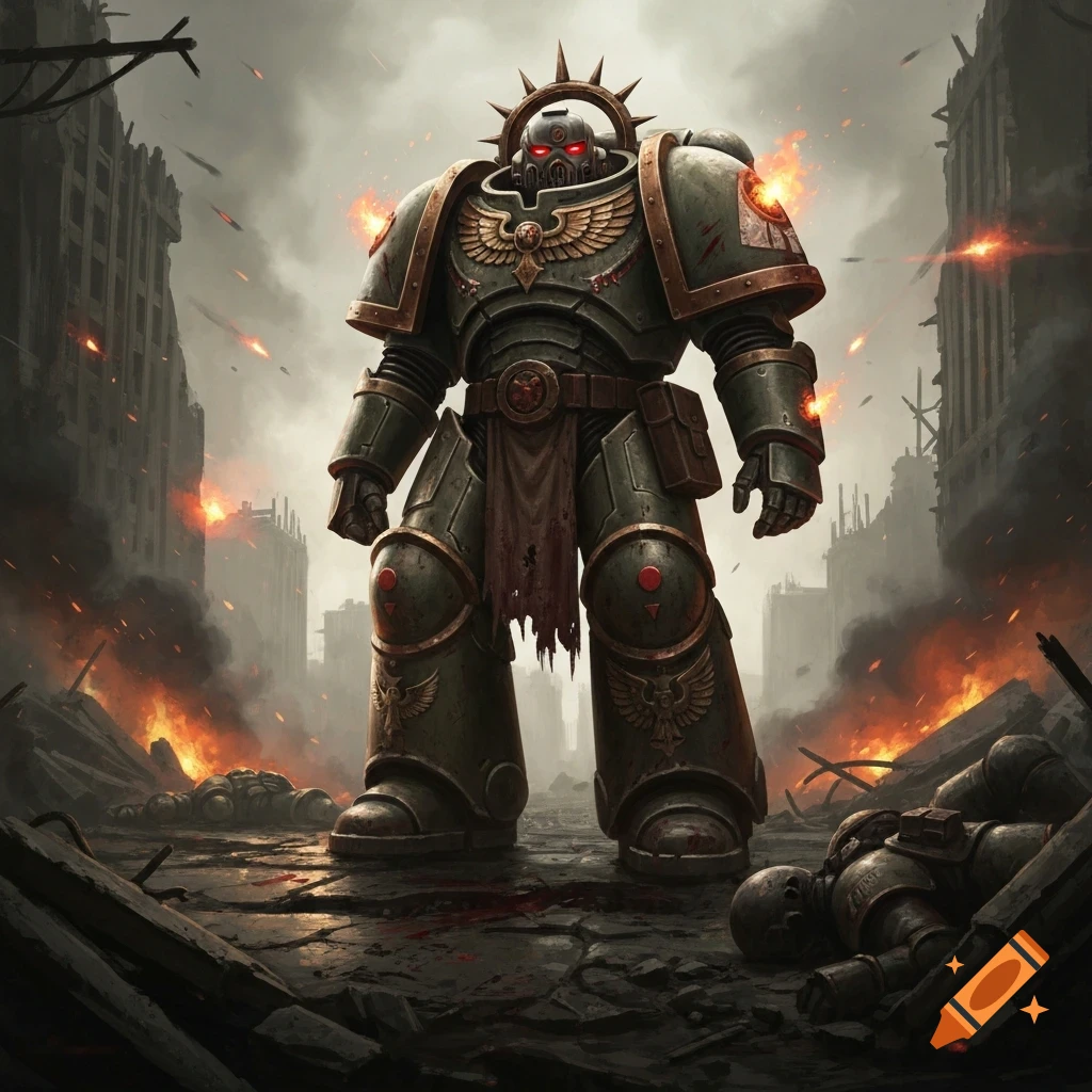 A heavily armored warrior, a Space Marine, stands in a ruined city engulfed in fire and smoke, with fallen figures on the ground, in a dark, dramatic style.