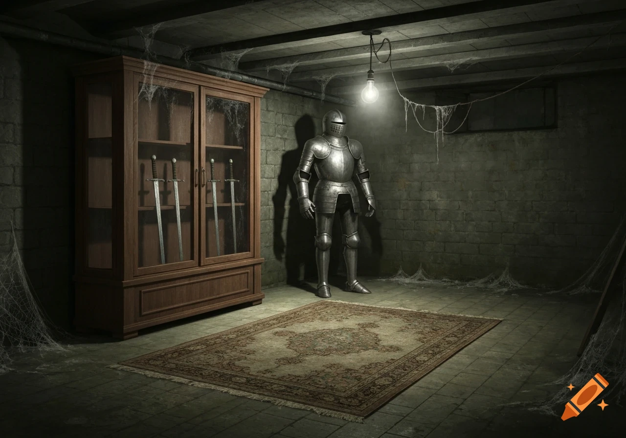 An eerie, dimly lit basement features a wooden display case with four swords, a suit of armor, and a patterned rug on the floor, all covered in cobwebs.