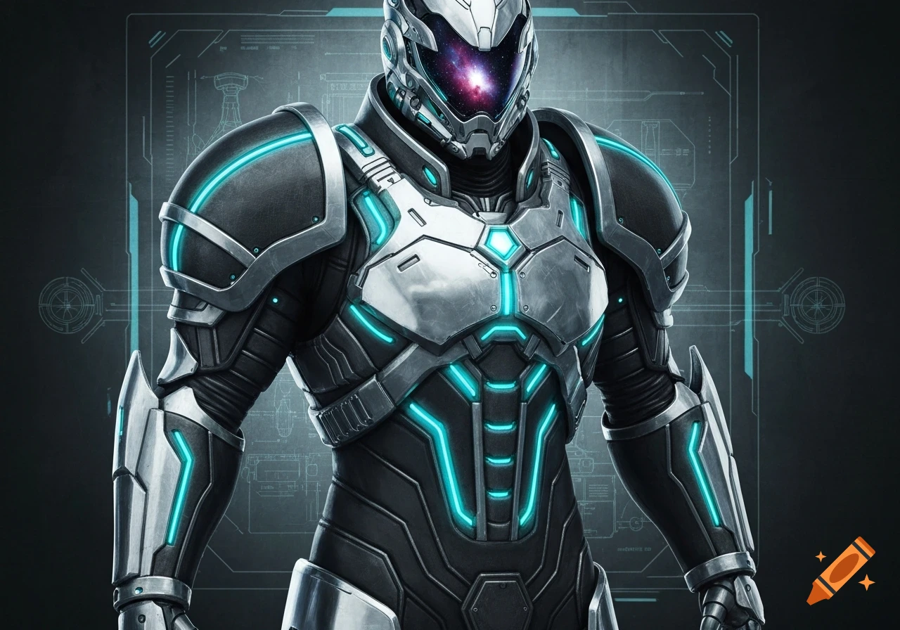 A detailed, futuristic sci-fi armor in metallic silver and black with glowing blue accents, against a technical schematic background.