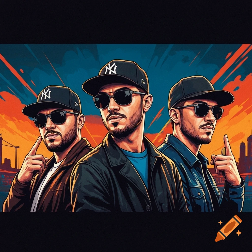 Graphic novel style illustration of three men in caps and sunglasses, against an urban backdrop with an orange and blue sky.
