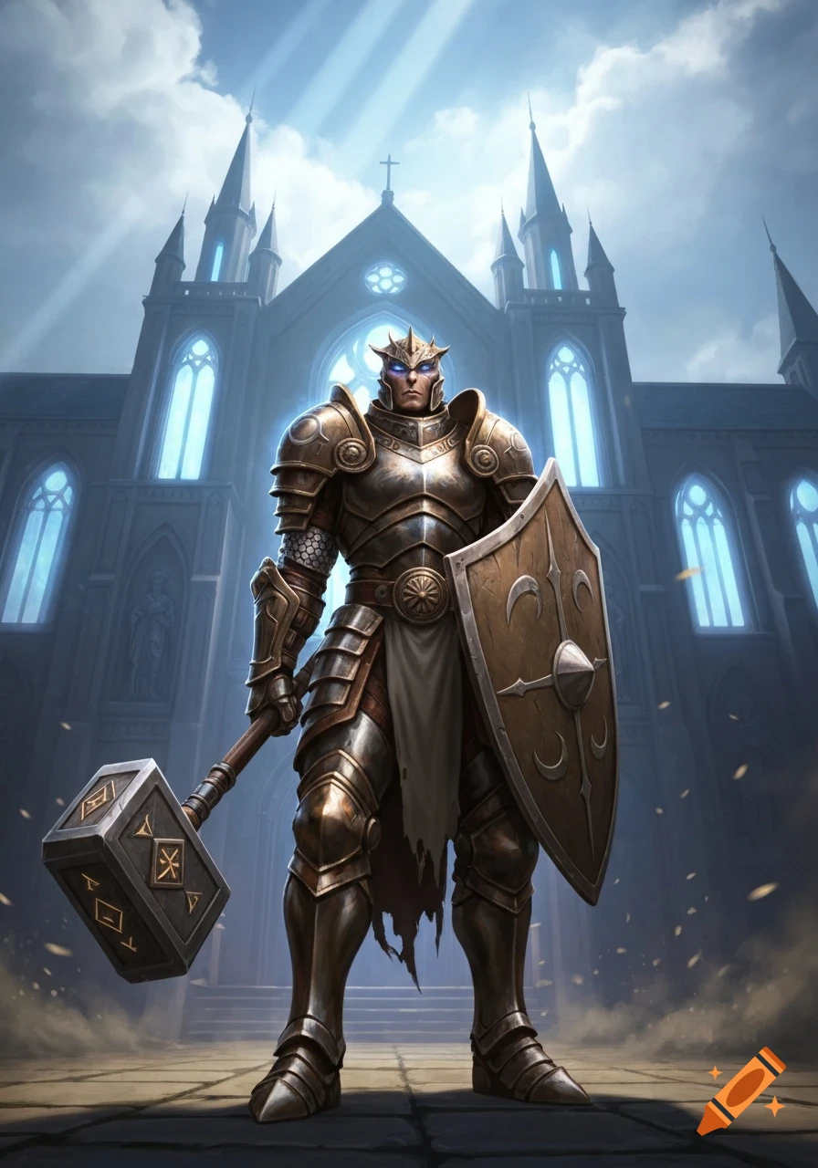 A heavily armored paladin wielding a warhammer and shield stands before a grand, glowing church under a cloudy sky.