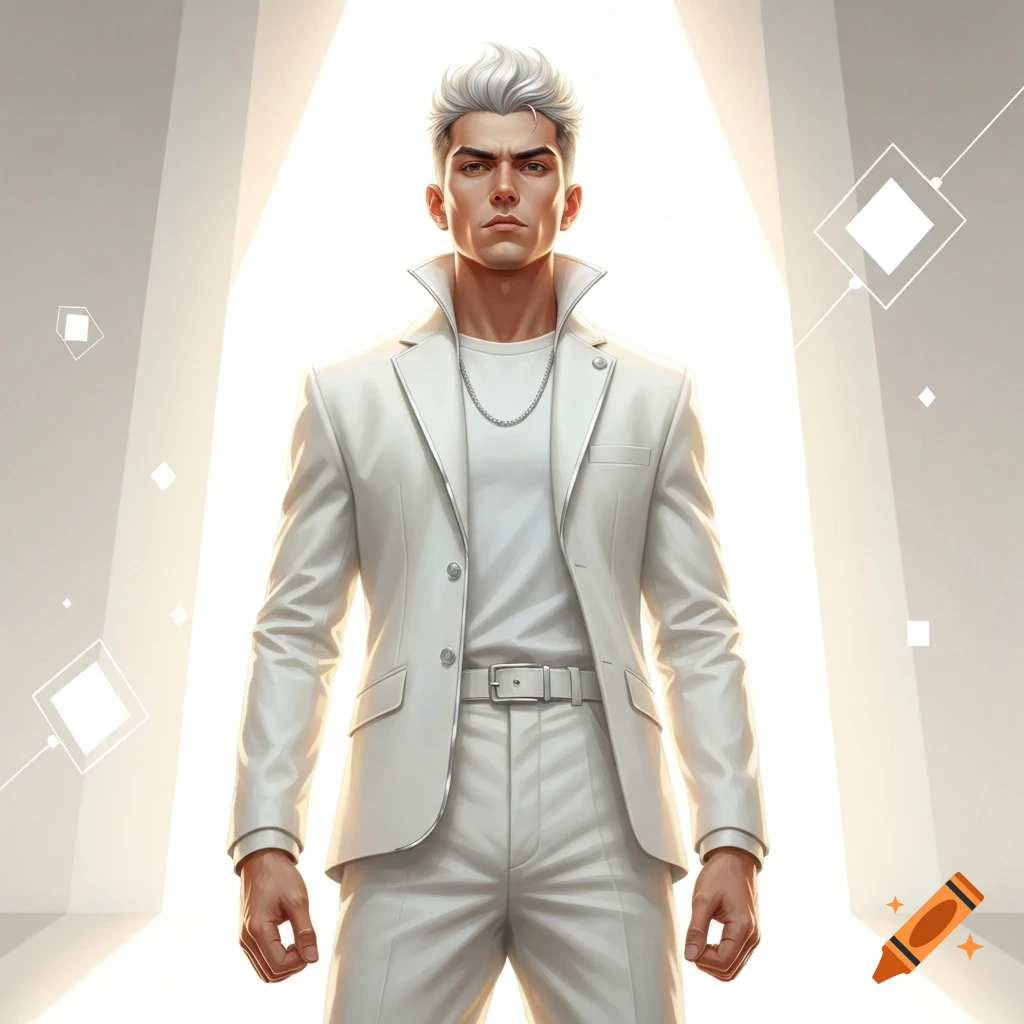 A stylized young man with white hair in an all-white suit and silver chain stands against a bright background.