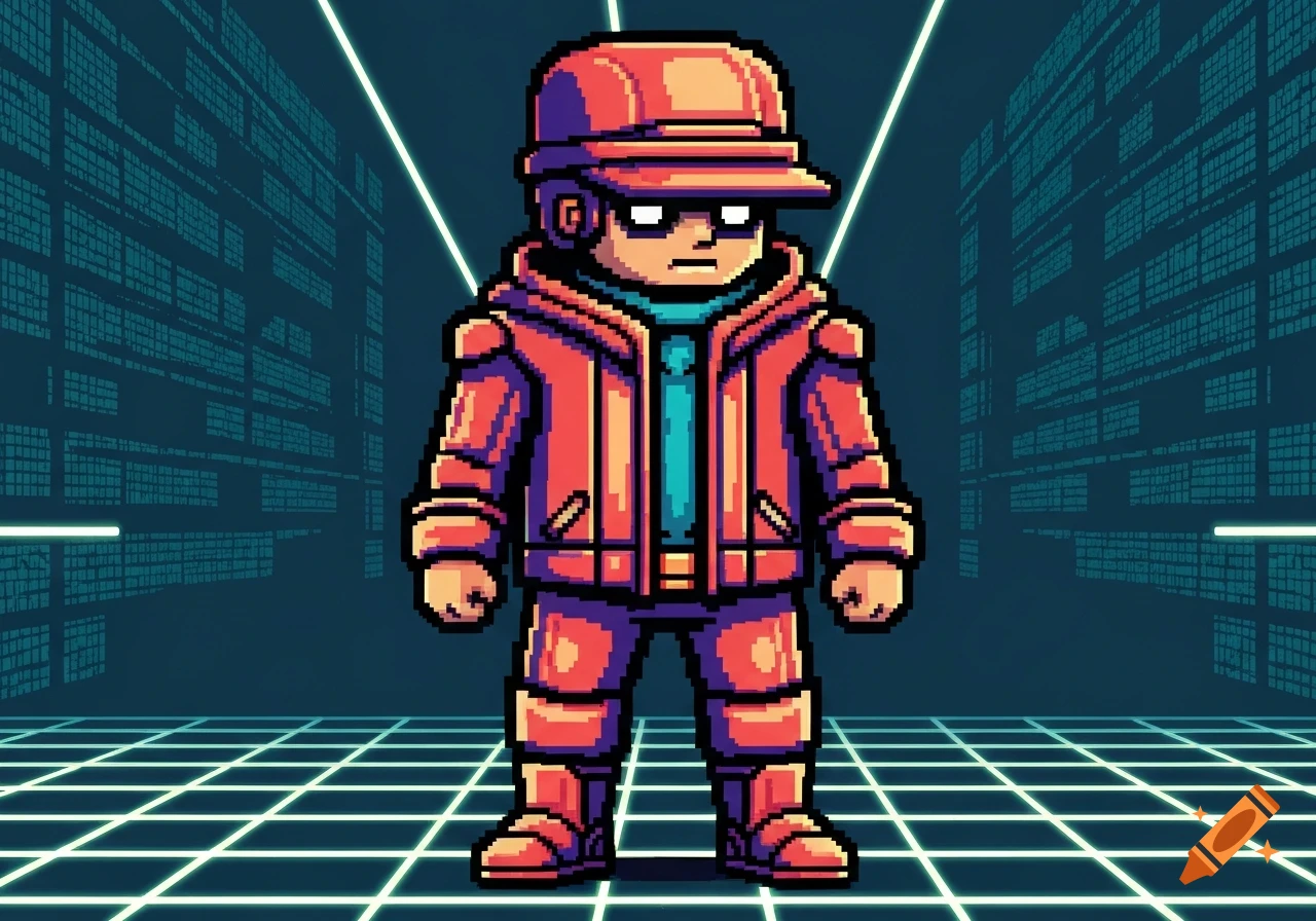 A pixel art character in a red jacket, blue shirt, and red cap stands centered against a dark blue background with glowing grid lines and abstract patterns.