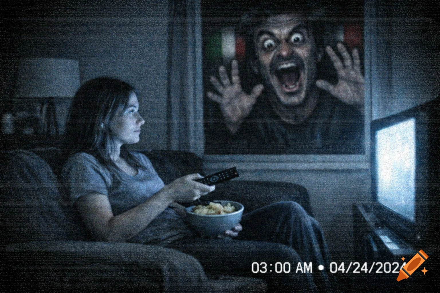 Grainy CCTV footage of a woman watching TV while a screaming man with wide eyes presses against a window in the background, timestamped.