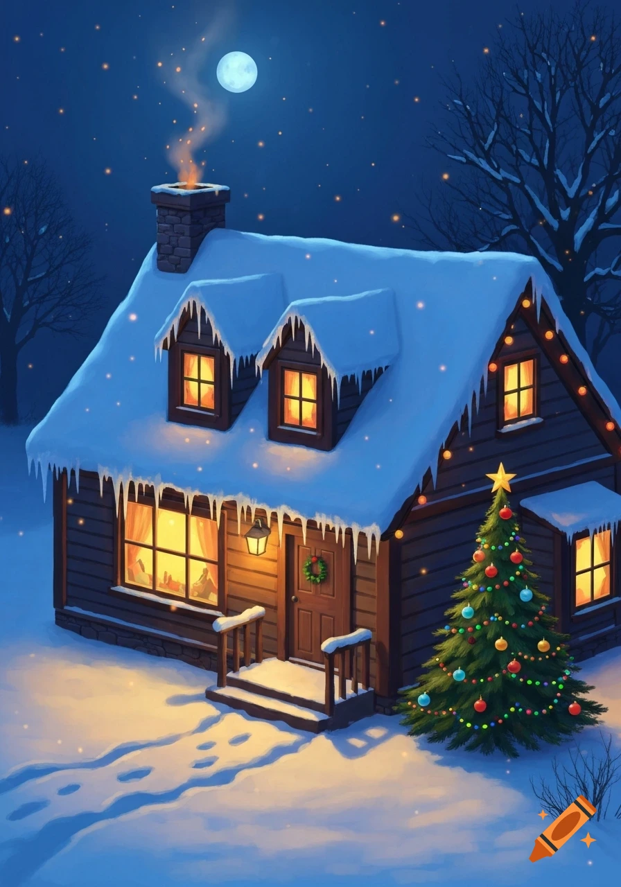 A whimsical illustration of a snow-covered cabin at night, adorned with Christmas lights and a decorated tree, under a full moon.