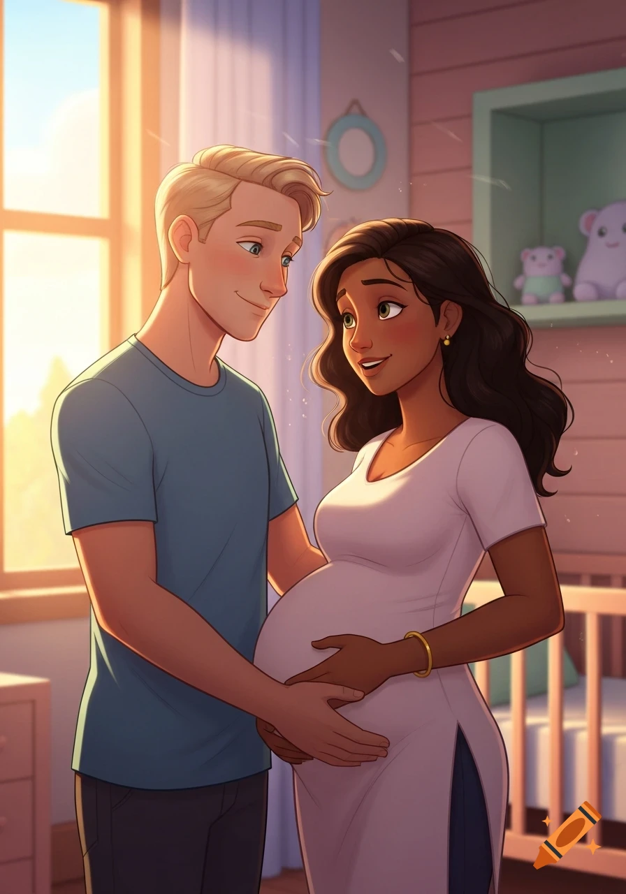 A smiling blonde man and a dark-haired pregnant woman tenderly hold her baby bump in a sunlit room, animated style.