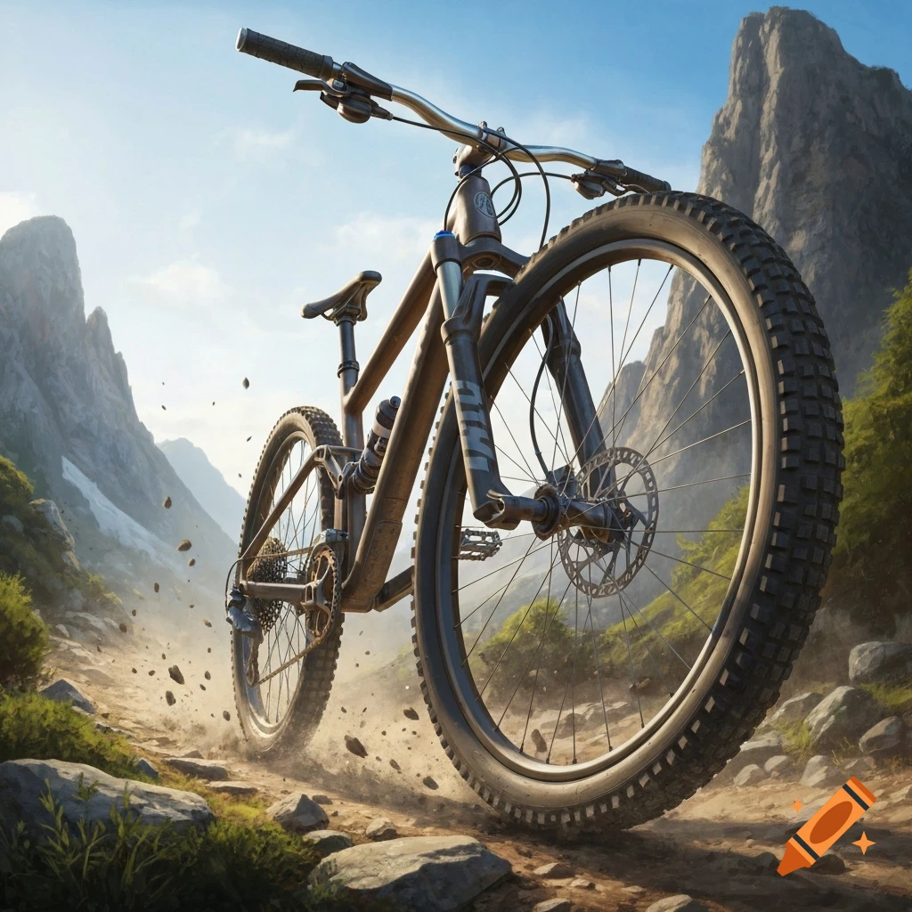A close-up, low-angle view of a brown mountain bike on a dirt trail, with mountains in the background.